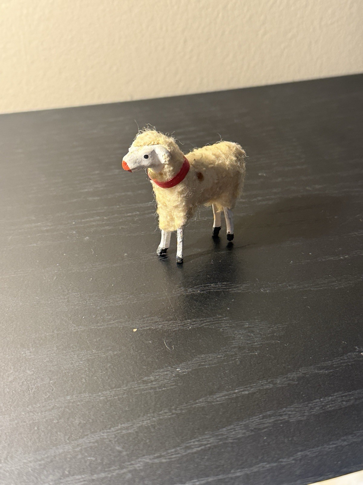 1930's Made in Germany Putz Wool Stick Leg Sheep Red Paper Collar