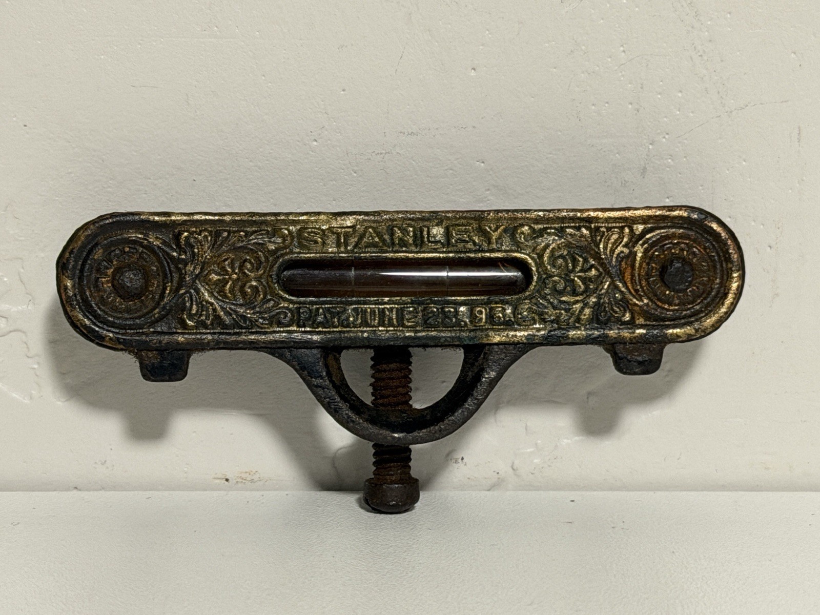 Antique Stanley Patent 1896 Ornate Cast Iron Pocket Level Tool 3\