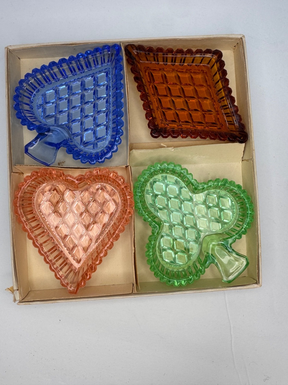 Vintage Bohemian Czech Glass Diamond Cut Dish Ashtray Set Poker Bridge Game NIB