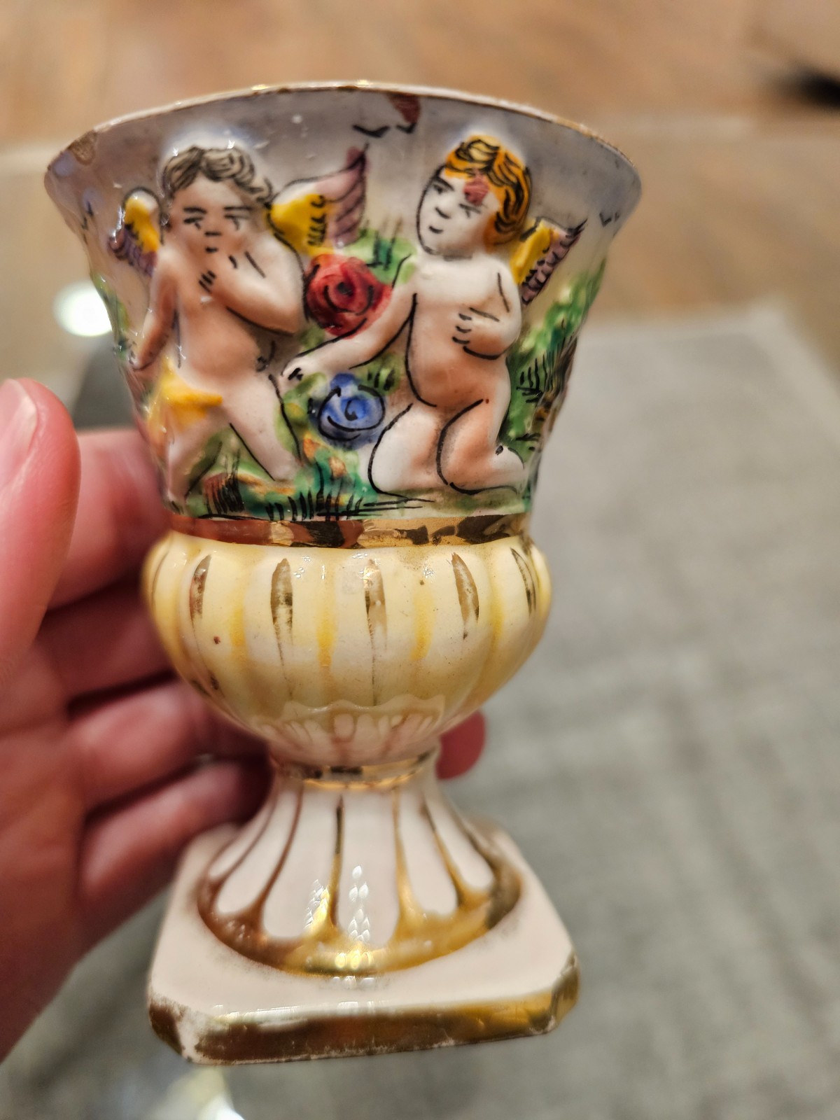 Vintage Italian Capodimonte Style Porcelain Pedestal Vase - Cherub Relief & Gold Vintage Italian Capodimonte Style Porcelain Pedestal Vase - Cherub Relief & Gold