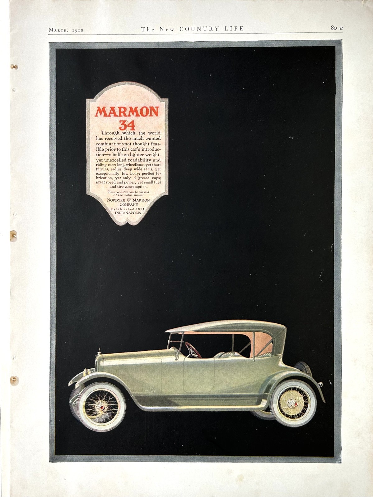 1918 Ad (10  X 14 inches) Marmon 34 Roadster