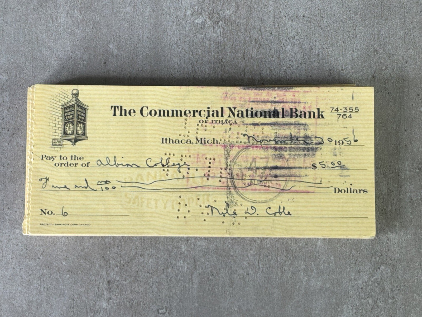VTG The Commercial National Bank Of Ithaca MI canceled Check Albion College Rare
