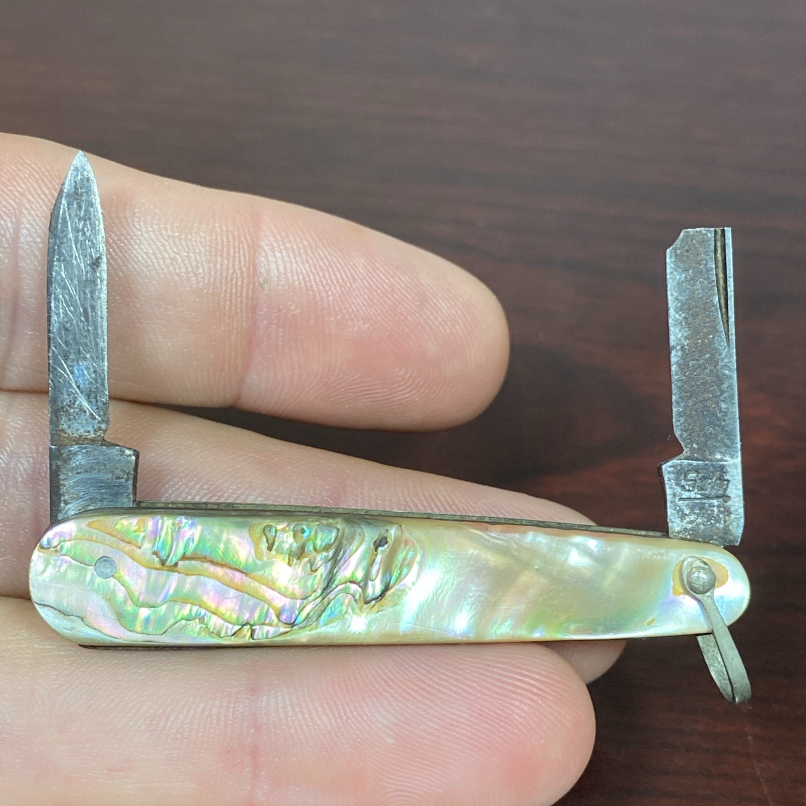 Antique Schatt & Morgan S&M MOP Mother of Pearl Pocket Watch Fob Folding Knife Antique Schatt & Morgan S&M MOP Mother of Pearl Pocket Watch Fob Folding Knife