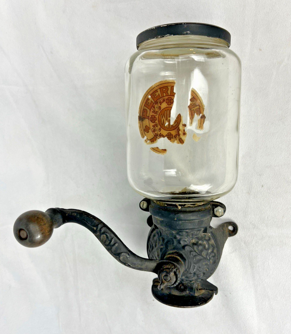 Antique WH Co Peerless Wall Mount Coffee Grinder Mill Cast Iron Glass Jar 1905 Antique WH Co Peerless Wall Mount Coffee Grinder Mill Cast Iron Glass Jar 1905