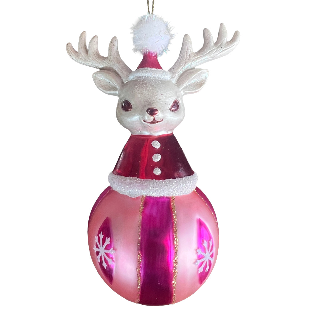GANZ Retro Style Glass Reindeer Ball Ornament Pink Glitter Christmas Santa Hat