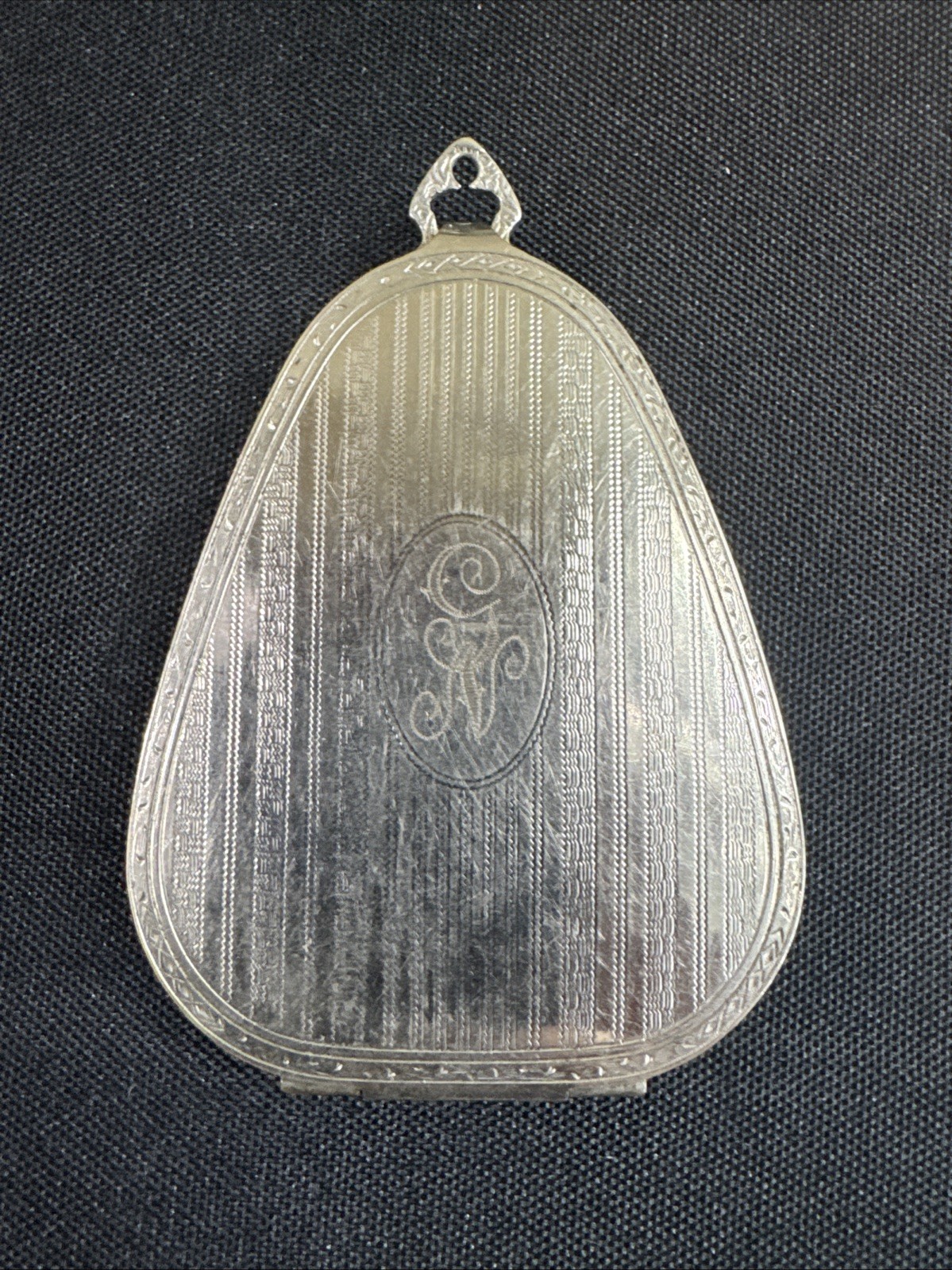 Antique 1930s Art Deco Teardrop Chatelaine Powder Compact Mirror Silver Tone