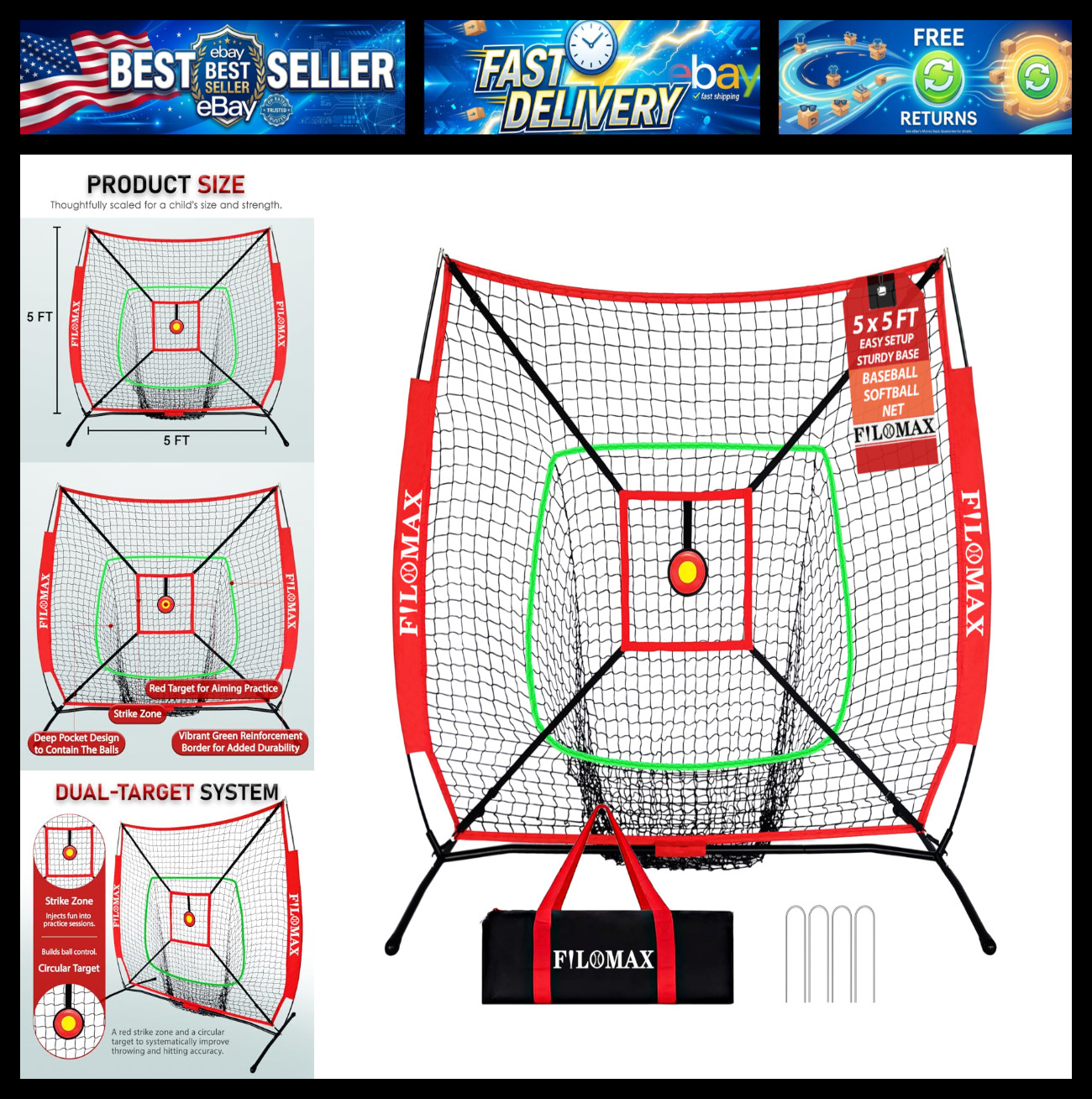 5x5 FT Baseball & Softball Practice Net with Red Strike Zone & Target | Youth Ba