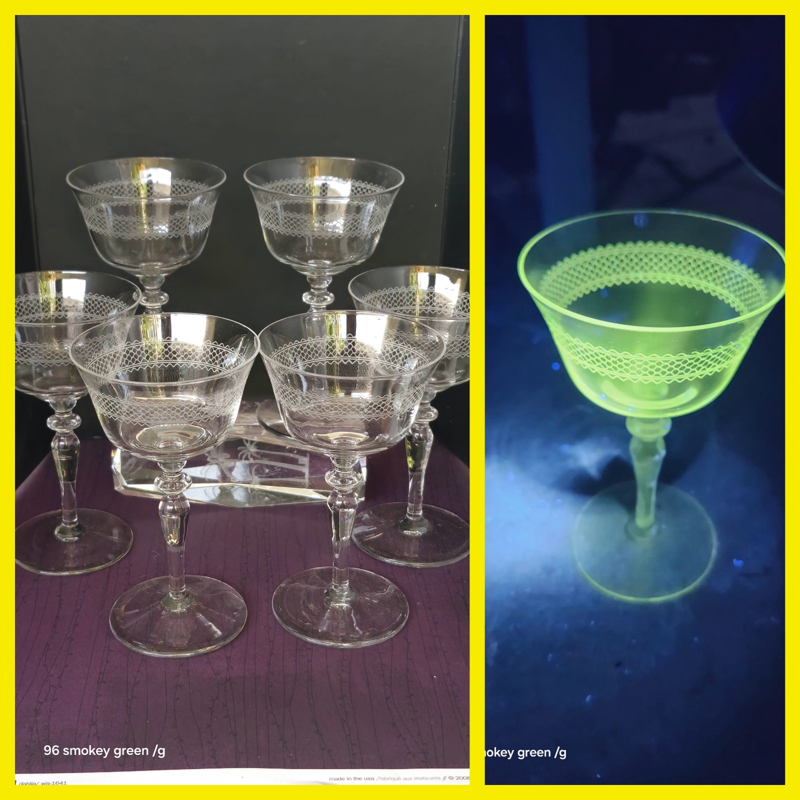 1920s Fostoria Clear Needle Etched  Uranium Glasses Set 6