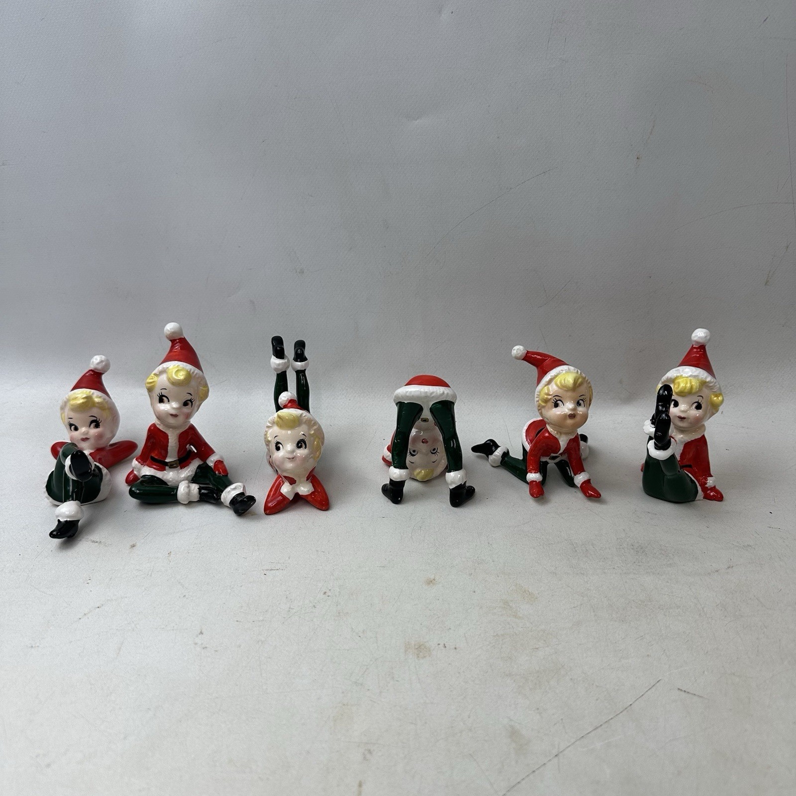 Complete Set of 6 Vintage Christmas Tumbling Elf Pixie Figurines Japan With Box