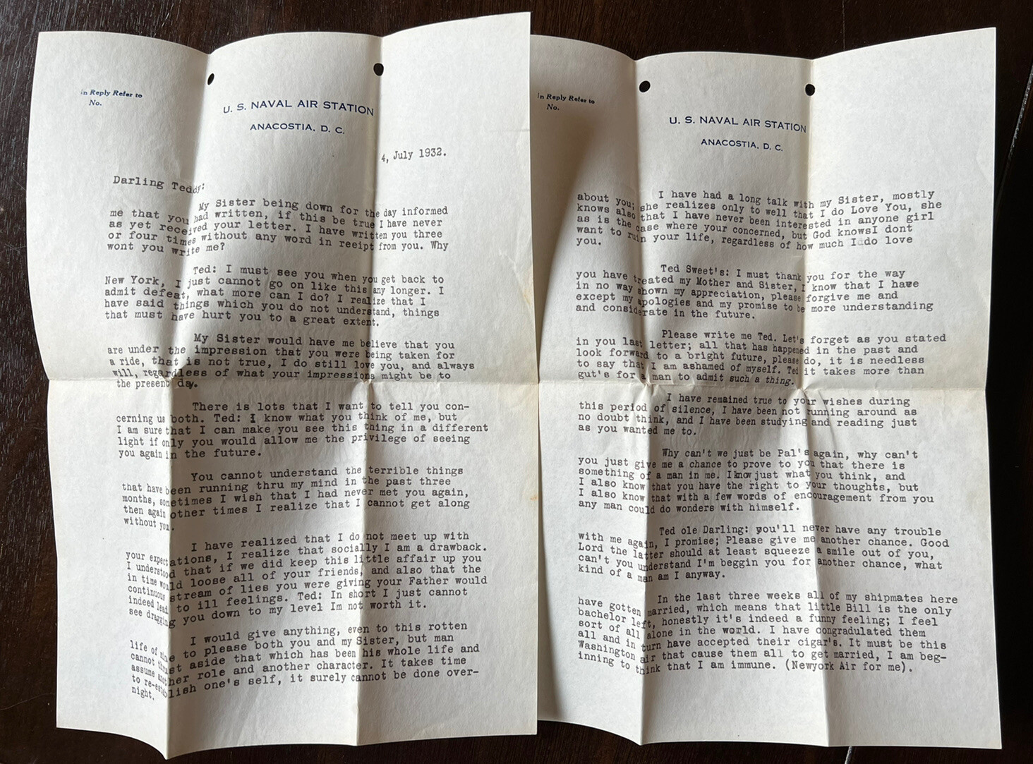 1932 U.S. NAVAL STATION 2 PAGE LETTER CONFESSING LOVE PLEADING FOR A RESPONSE