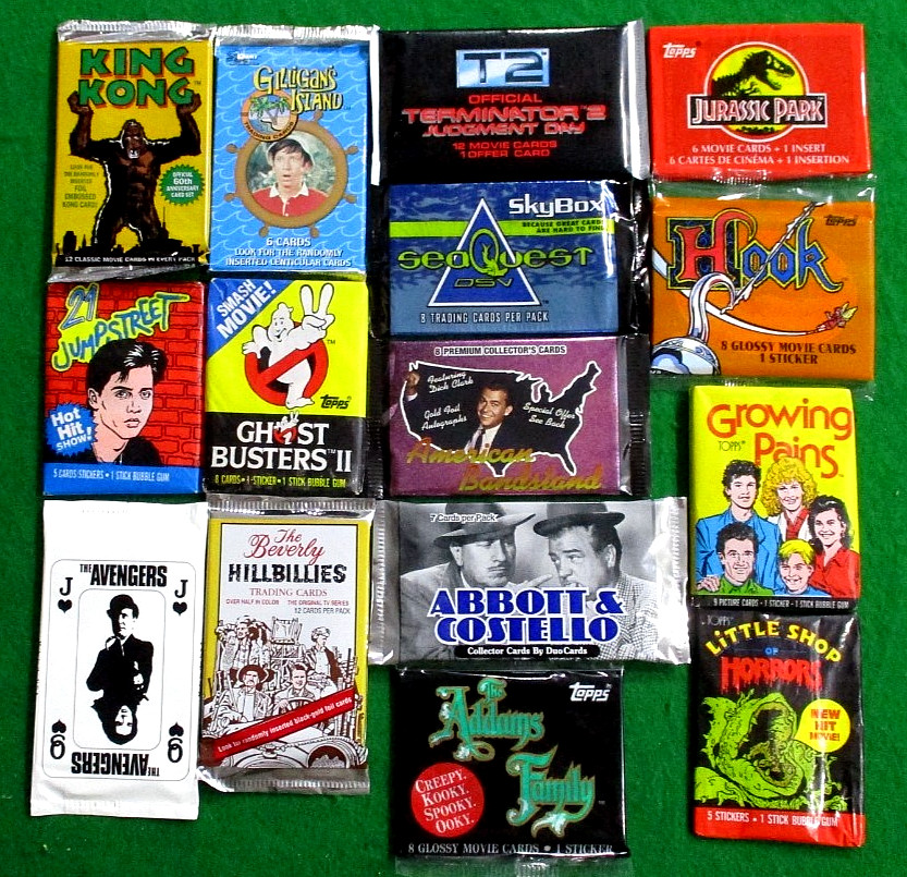 VINTAGE WAX /FOIL PACK LOT 15 diff. JURASSIC-KOND-LITTLE SHOP-GILLIGAN'S-ADDAMS+ VINTAGE WAX /FOIL PACK LOT 15 diff. JURASSIC-KOND-LITTLE SHOP-GILLIGAN'S-ADDAMS+