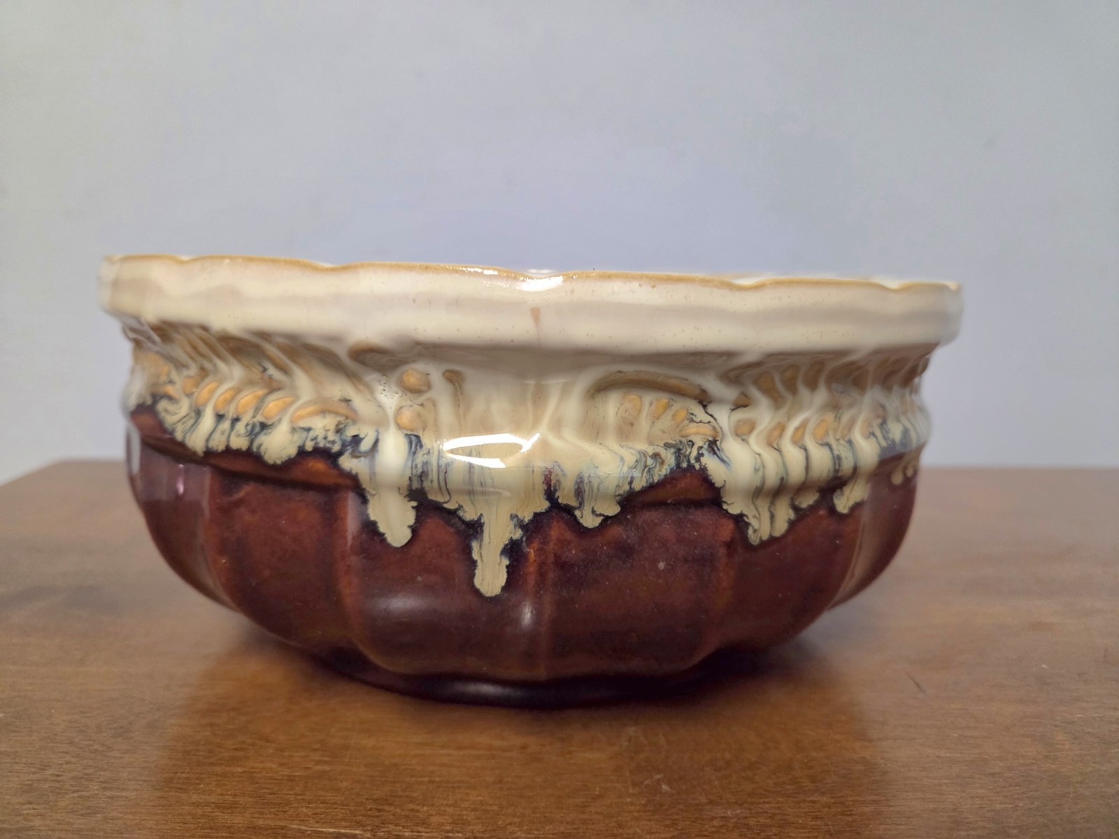 Rich Brown Ceramic Pottery Planter Bowl With Drip Style Glaze 10 In