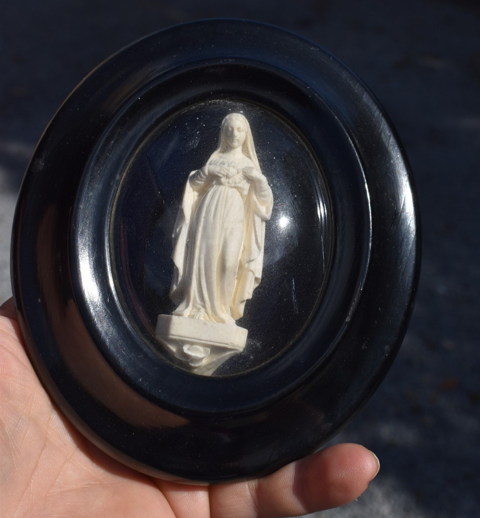 Antique 19thc Meerschaum carved immaculate heart mary religious frame plaque Antique 19thc Meerschaum carved immaculate heart mary religious frame plaque