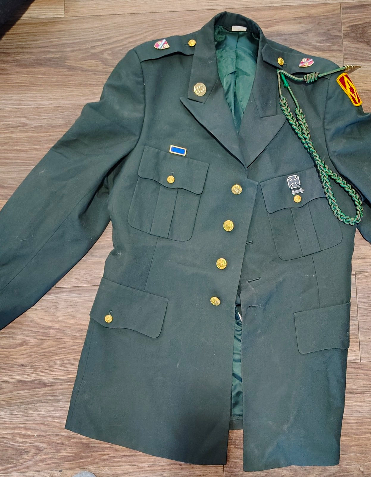 Vintage US Army Dress Uniform Coat Jacket w/ Insignia Pins Shoulder Cord, 43XL