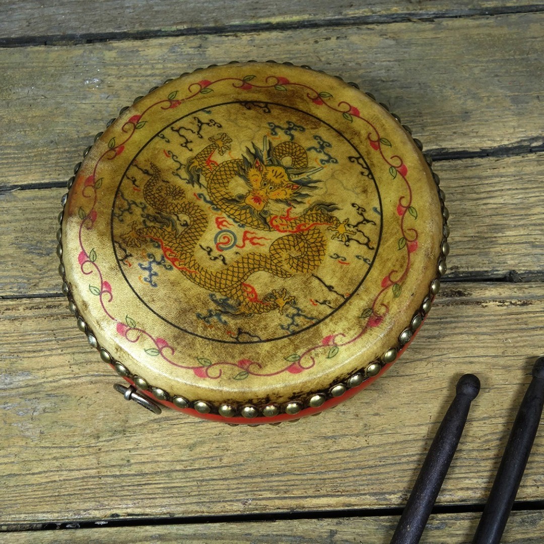 Vintage Hand Painted Dragon Phoenix Cowhide Drum Decor 25cm Vintage Hand Painted Dragon Phoenix Cowhide Drum Decor 25cm