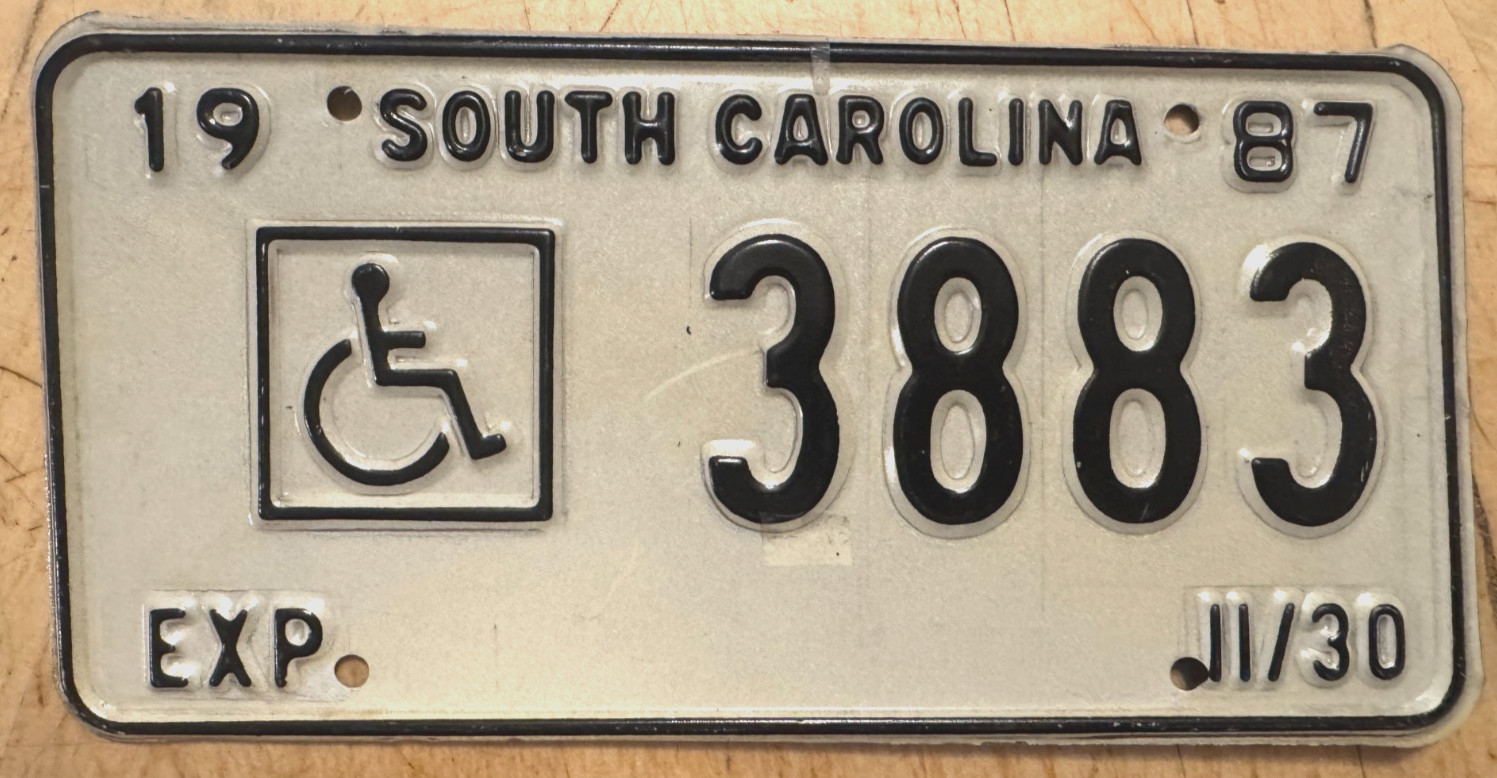 MINT 1987 SOUTH CAROLINA DISABLED PERSON LICENSE PLATE \