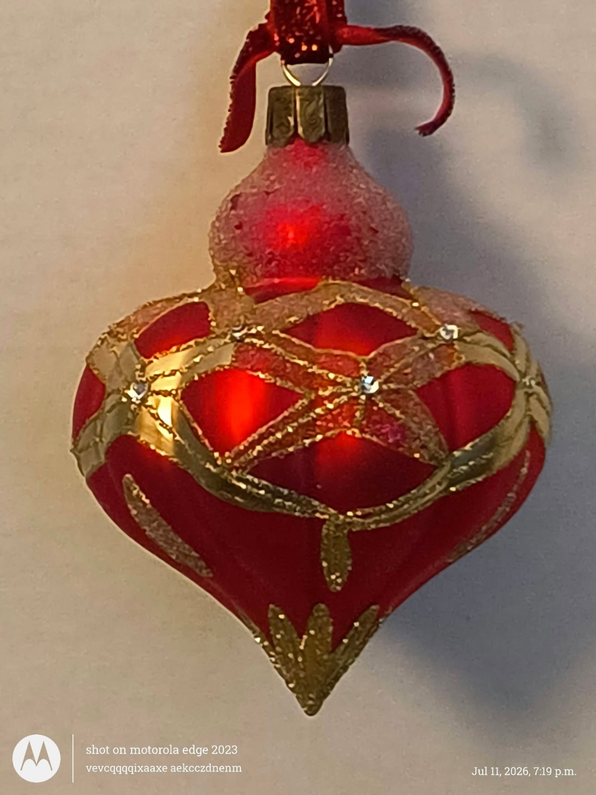 WATERFORD BLOWN GLASS CHRISTMAS ORNAMENT ~ RED GOLD CONE SHAPE