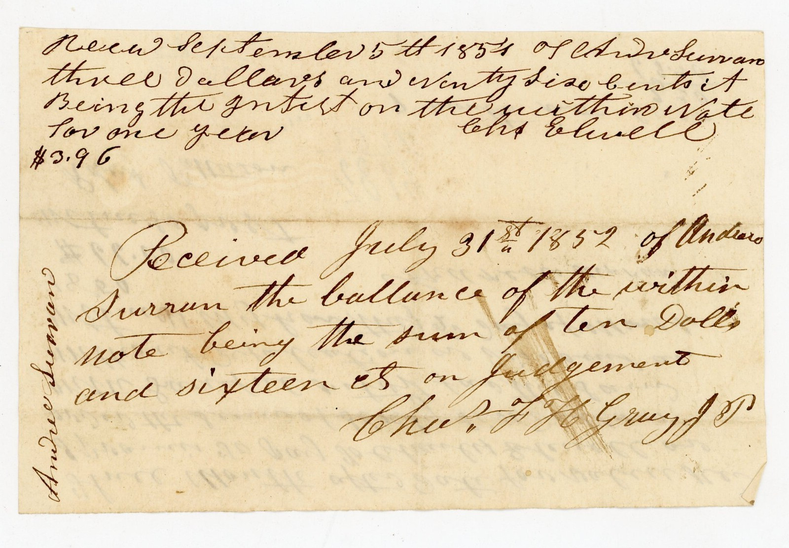 1852 Handwritten Receipt Andree Luman Jackson Michigan Signed Robert Patterson 1852 Handwritten Receipt Andree Luman Jackson Michigan Signed Robert Patterson