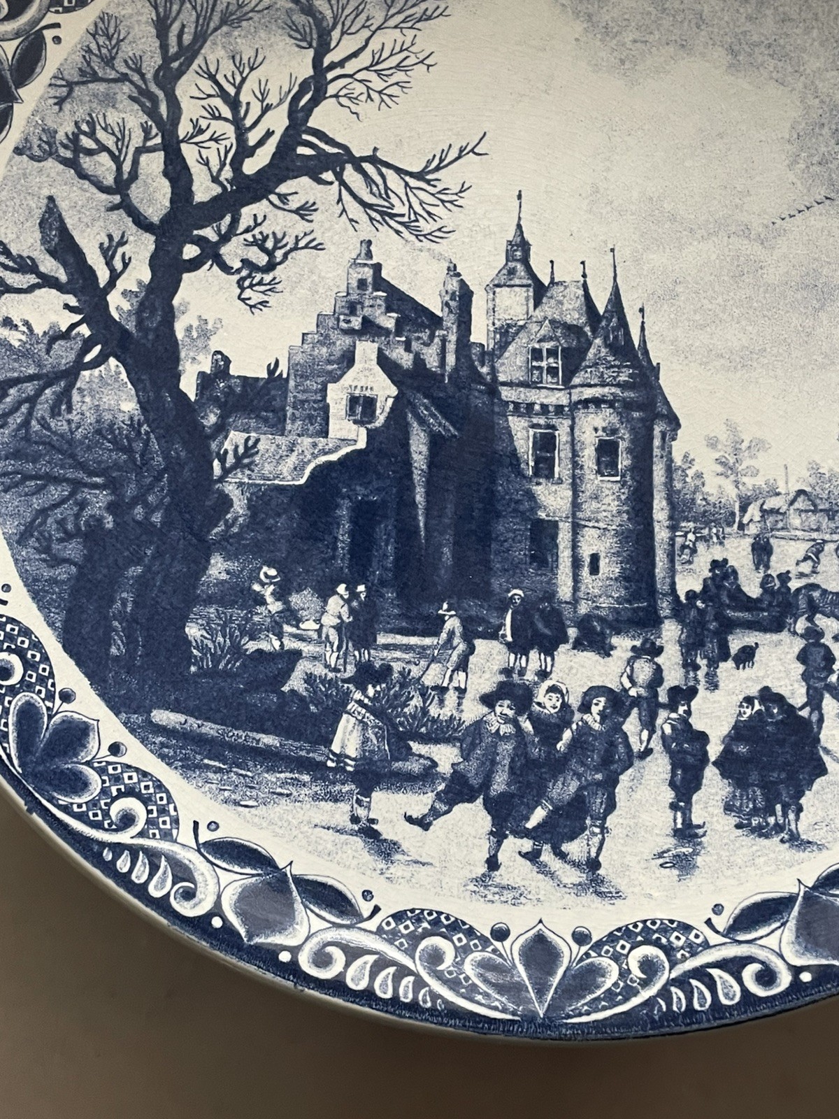 RARE VTG Delft Blue Plate City Ice Skating Scene Chemketa 15.5” Holland