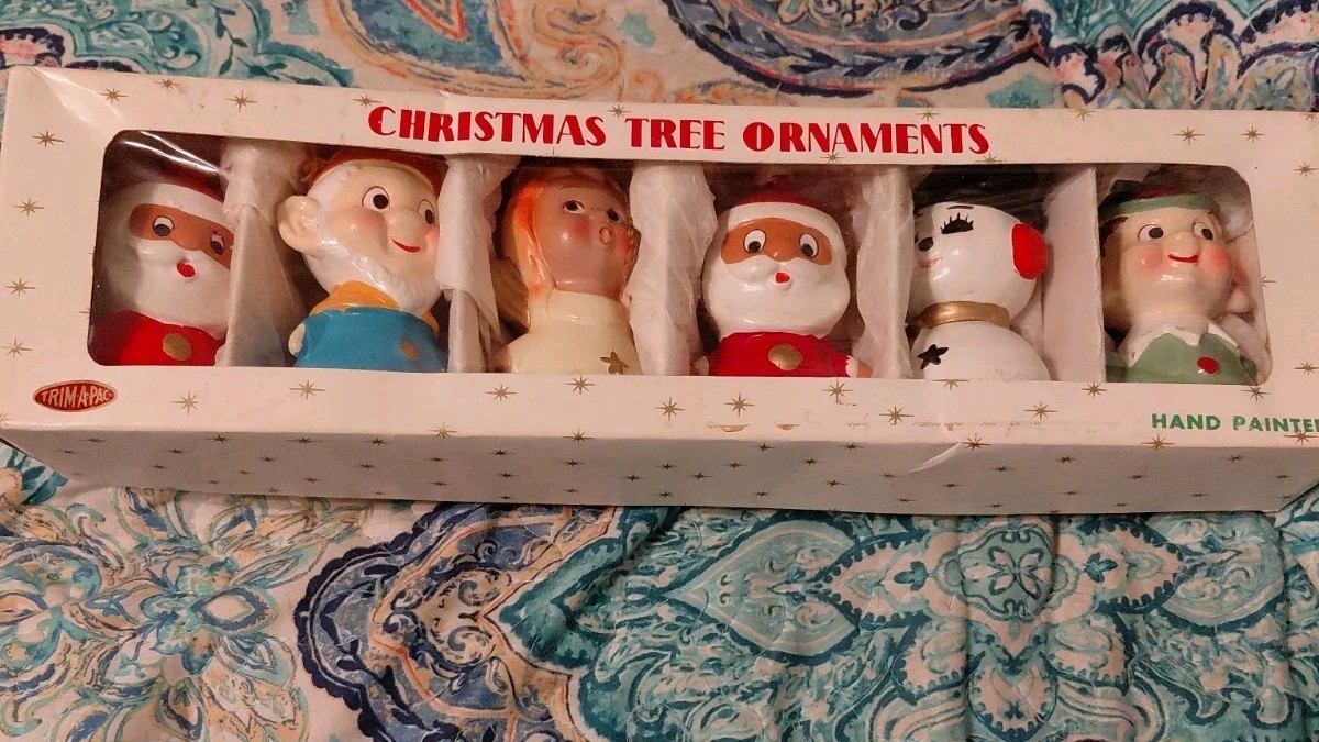 Vtg Lot 6 HF Co. Japan Christmas Tree Ornaments In Org. Box Figurines Santa Elf