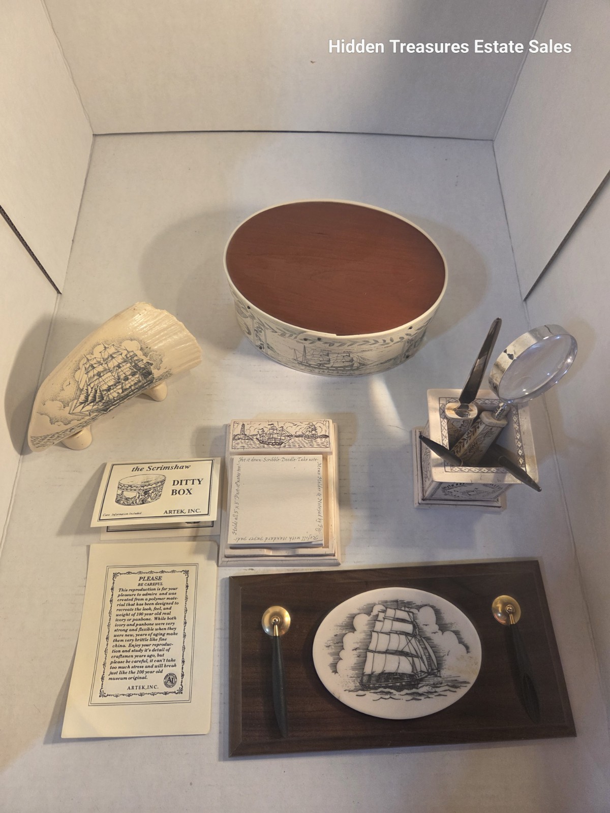 Vintage Nautical Desk Lot with Artek Scrimshaw Ditty Box FIGI Voyager Pencil Cup Vintage Nautical Desk Lot with Artek Scrimshaw Ditty Box FIGI Voyager Pencil Cup