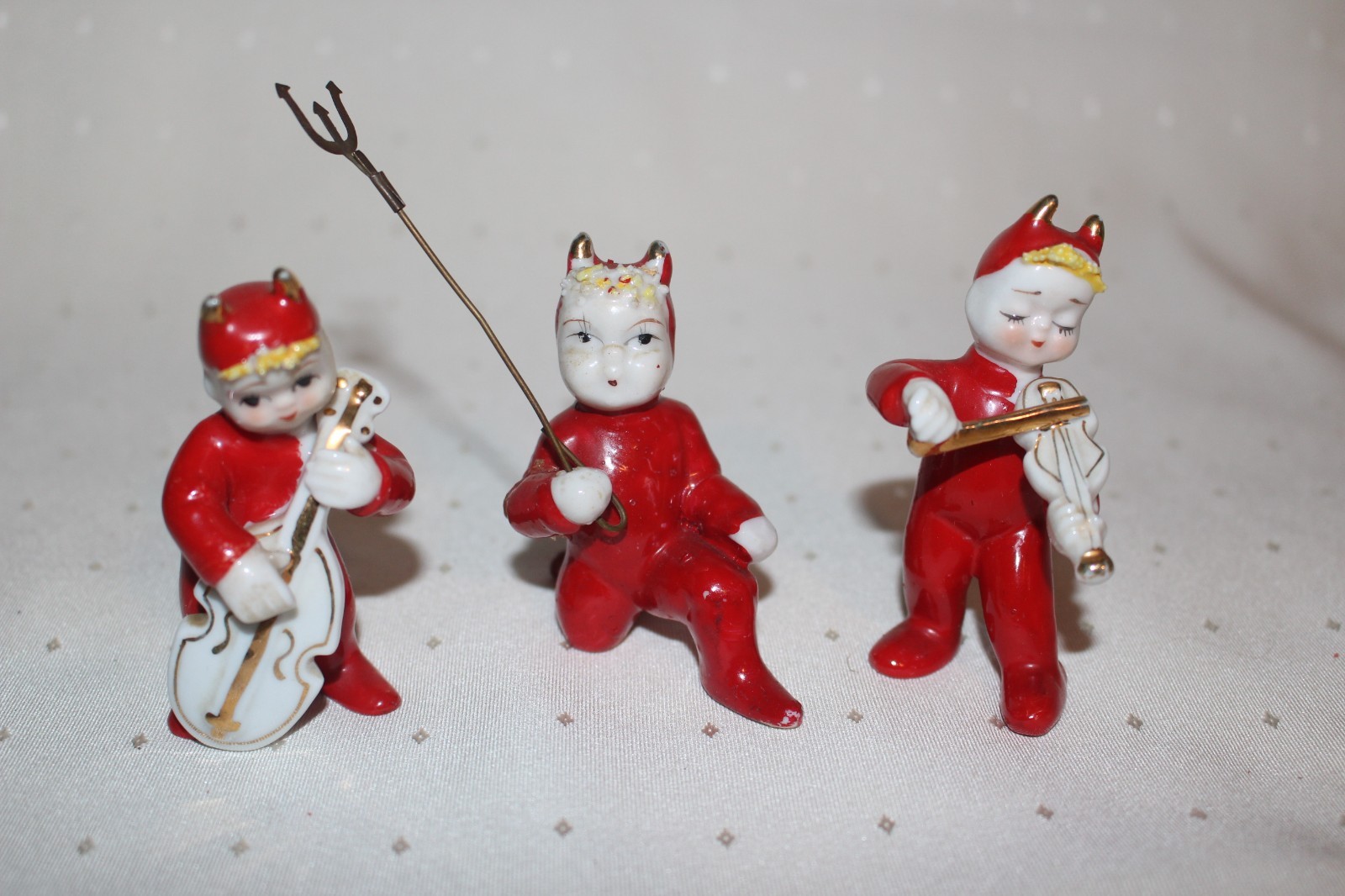 3 Vintage Devil Elf Pixie Figurines - 2 Playing Instruments - Japan