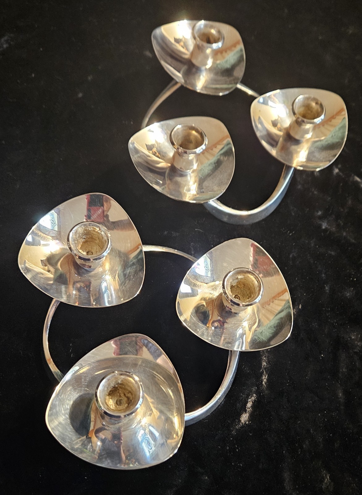 MCM Vtg PAIR Lunt Silverplate Triple Candleholder Centerpiece Stunning