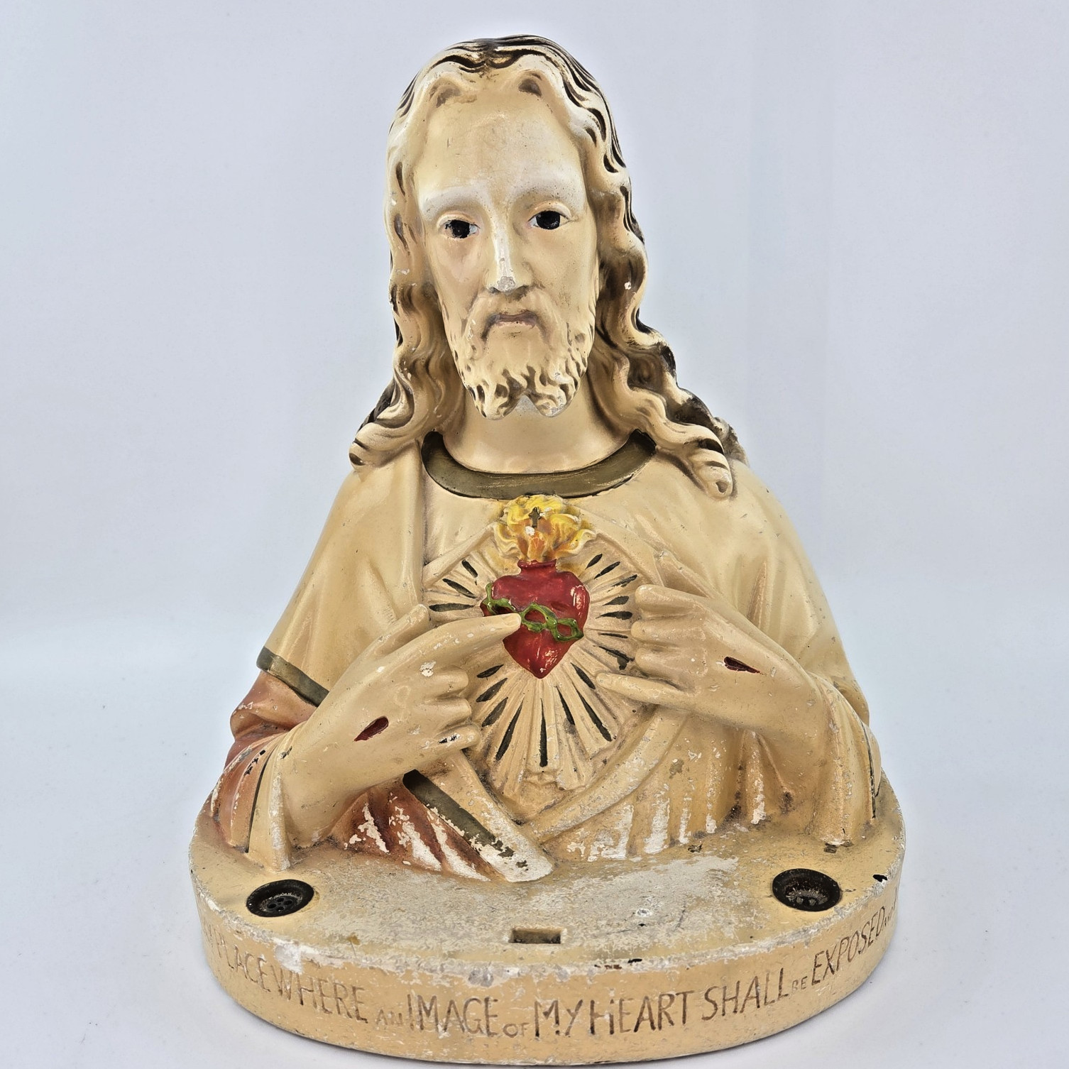 VTG Jesus Sacred Heart Chalkware Bust 2 Candle Holders Heavy  11.75\