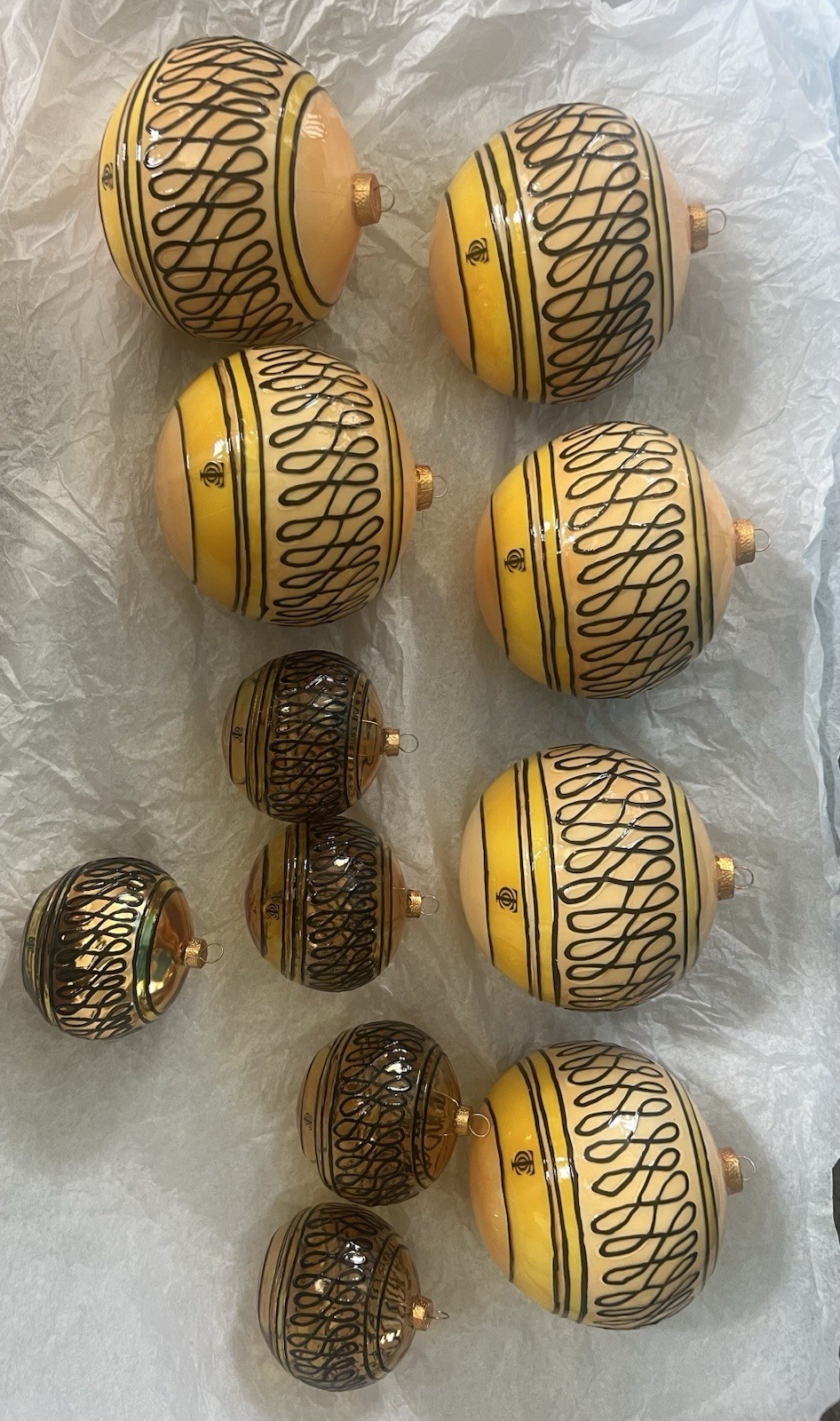 11 pc Tiffany & Co Gold & Black Glass Round Ornaments, Abstract Swirl