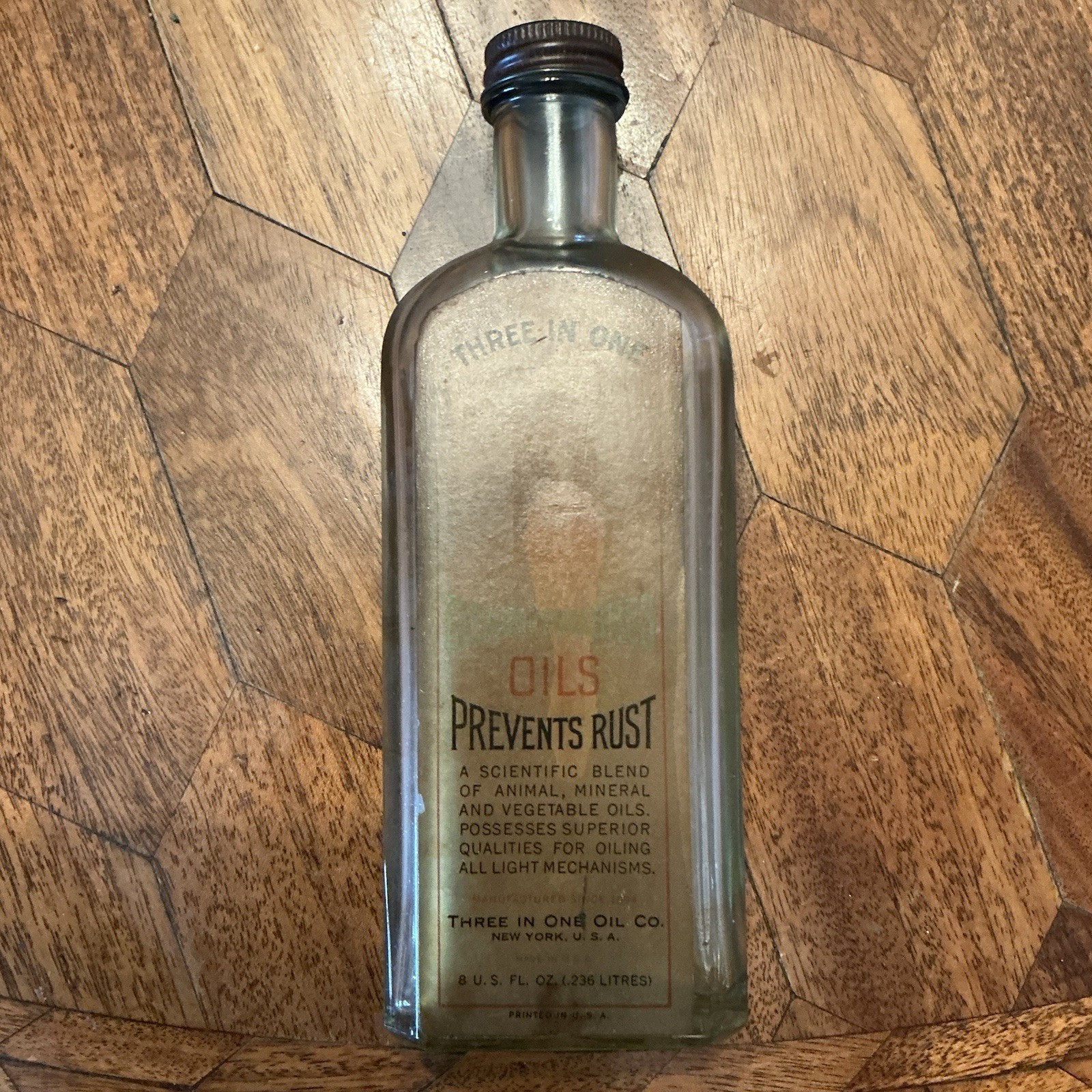 VINTAGE 3-IN-ONE Oil 8oz Green Glass Bottle Prevents Rust USA