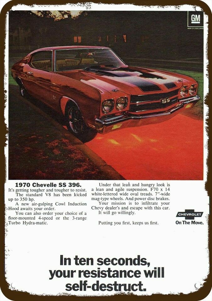 1970 CHEVY CHEVELLE SS 396 V8 Car Vintage-Look DECORATIVE REPLICA METAL SIGN 1970 CHEVY CHEVELLE SS 396 V8 Car Vintage-Look DECORATIVE REPLICA METAL SIGN