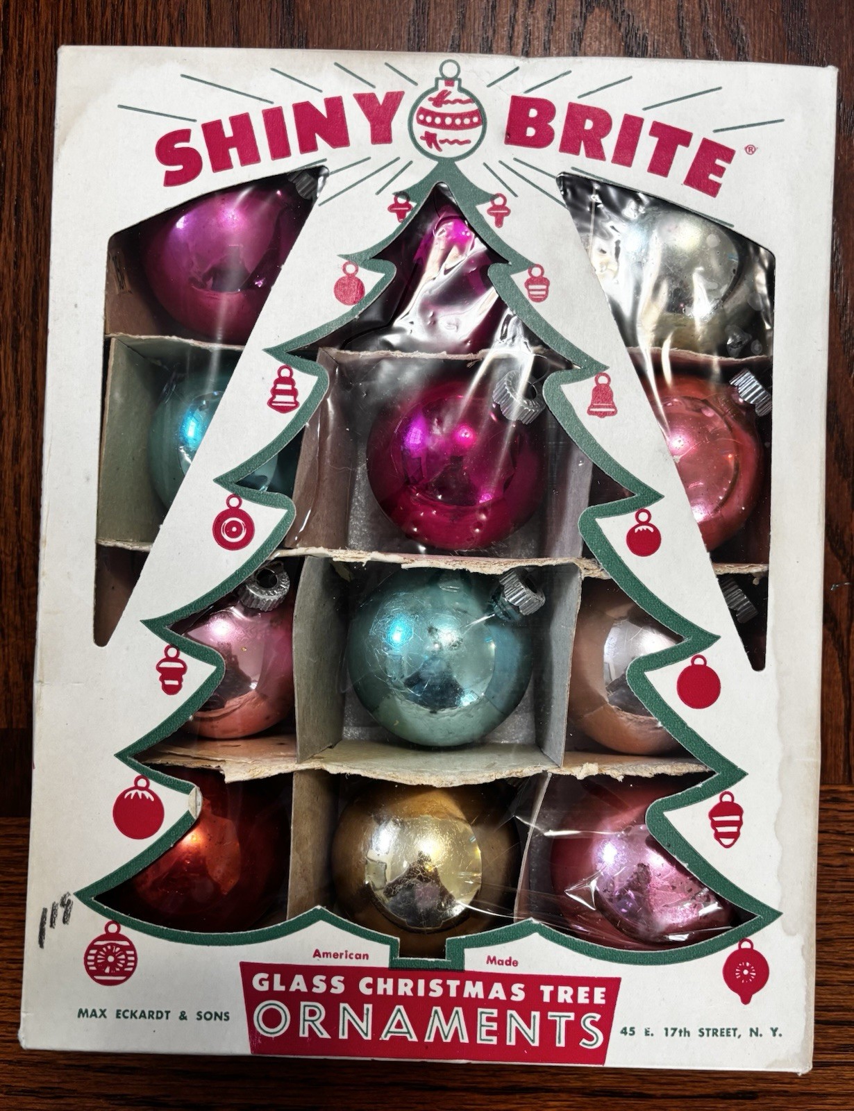 Vintage Shiny Brite Christmas Ornaments 12 2” Ornaments W Box USA Vibrant Colors