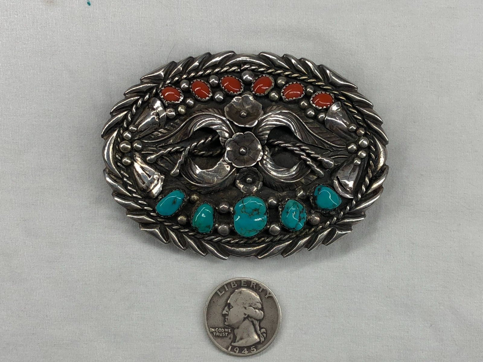 VINTAGE SIGNED NATIVE AMERICAN STERLING SILVER BELT BUCKLE W/ TURQUOISE & CORAL