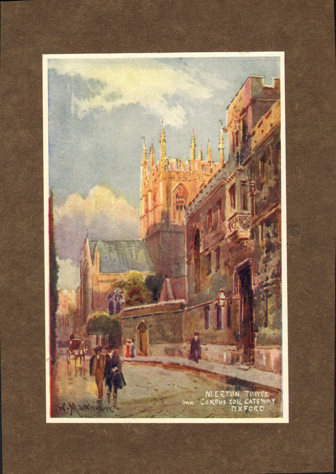 early 1900s colourful illustration : merton tower corpus college gateway