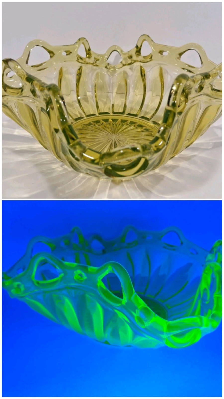 Antique large uranium glass bowl vase dugan hawkes 11.75 Antique large uranium glass bowl vase dugan hawkes 11.75