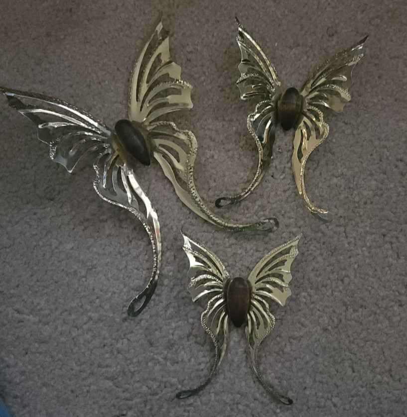 Vintage Homco Home Interiors 3 Pc Brass Gold Butterflies Wood Bodies Wall Decor