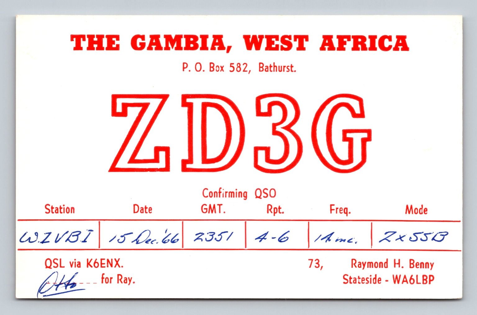 Ham Radio QSL Card ZD3G The Gambia 1966 1A mc ZX55B Mode Ham Radio QSL Card ZD3G The Gambia 1966 1A mc ZX55B Mode