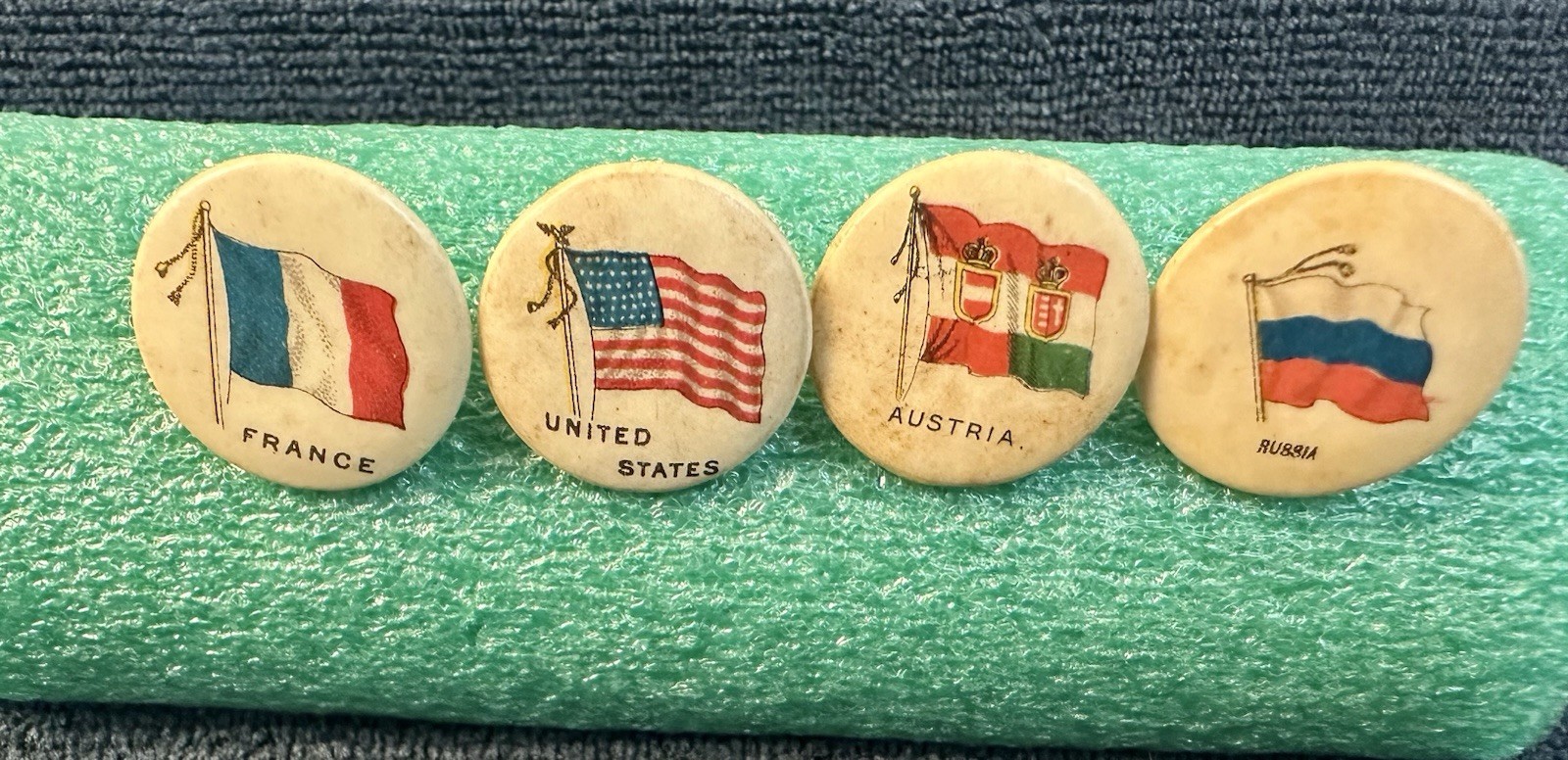 4 Vtg Sweet Caporal Cigarette Country Flag Pins United States France Russia Aus