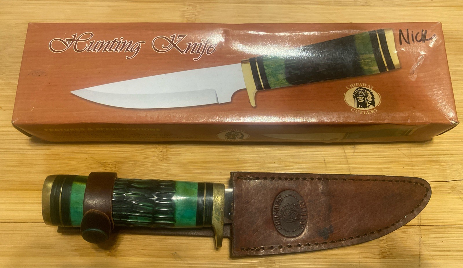 Chipaway Cutlery 12” Hunting Knife Green Bone Handle Genuine Leather Sheath NIB