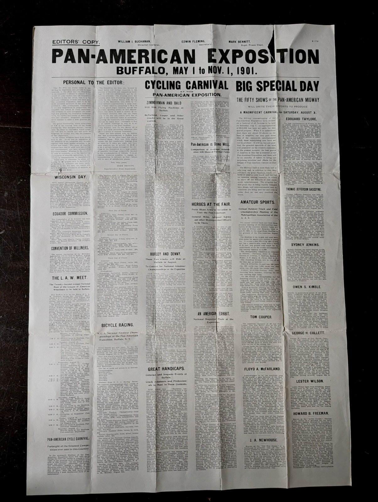 1901 Pan American Expo Buffalo NY 17x25 Press Sheet Bicycle Races / War Heroes 1901 Pan American Expo Buffalo NY 17x25 Press Sheet Bicycle Races / War Heroes