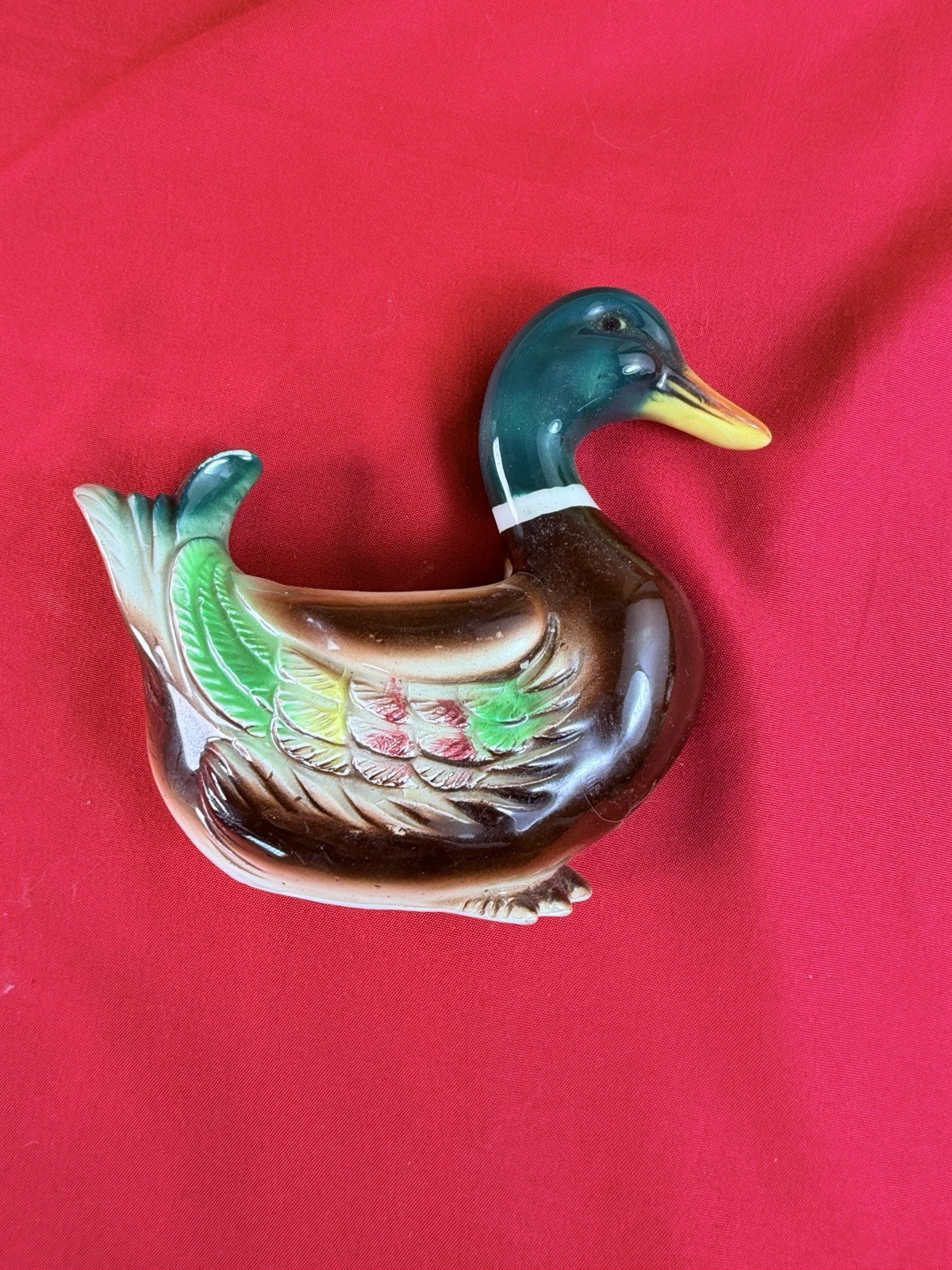 Vtg Mallard Duck Ceramic Wall Pocket Planter Hand Painted MCM 5” 1950s Wall Art