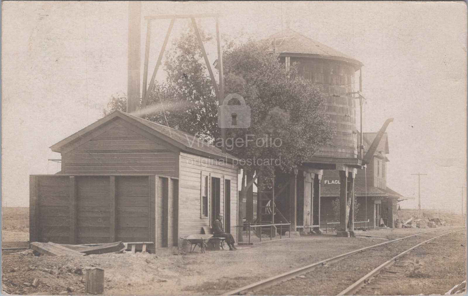 Railroad Depot Train Station Water Tower Flagler Colorado CO RPPC 1912 Postcard
