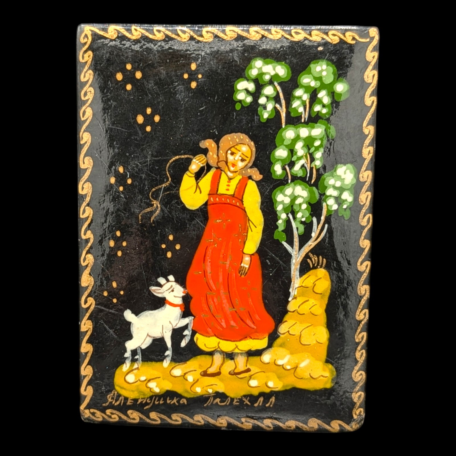 VTG USSR Russian Painted Box Original Receipt Beriozka Signed Woman Goat Signed