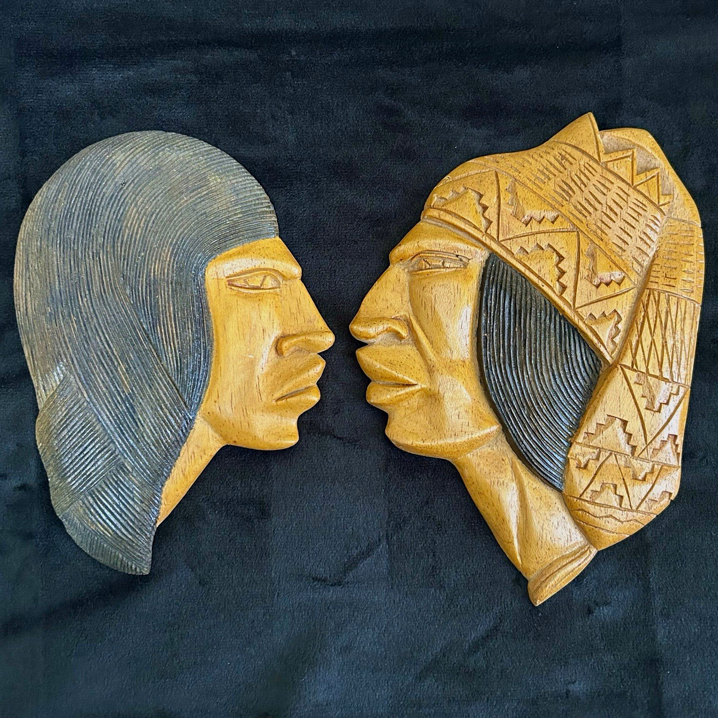 Vtg Hand Carved Wood Art Native American Wall Plaques Man & Woman Set of 2 Vtg Hand Carved Wood Art Native American Wall Plaques Man & Woman Set of 2
