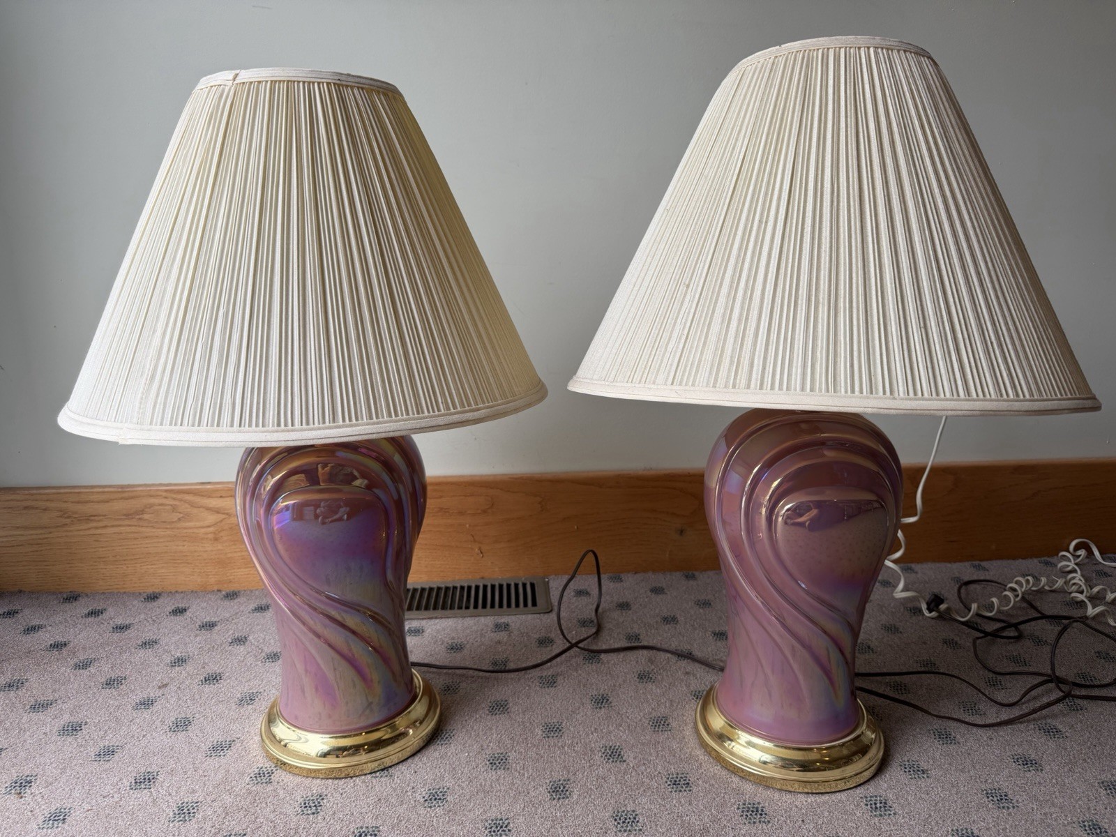 Pair Vintage Pink Lusterware Swirl Table Lamps Shades Finials 27” Art Deco
