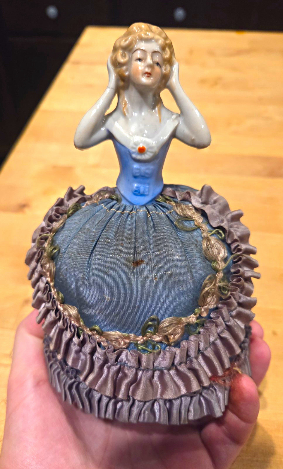 1920s Porcelain Half Doll Pin Cushion Sewing Intact Fabric Gorgeous