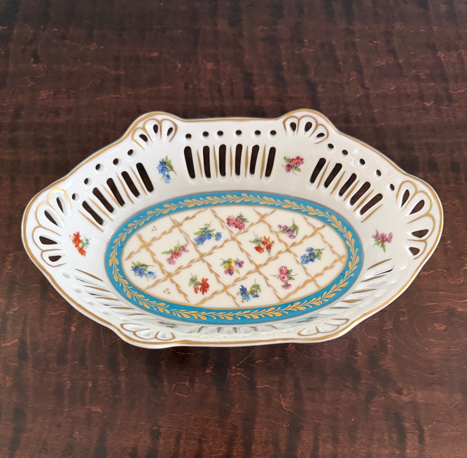 Vintage Limoges France Hand-Decorated Porcelain Reticulated Floral Dish 8”