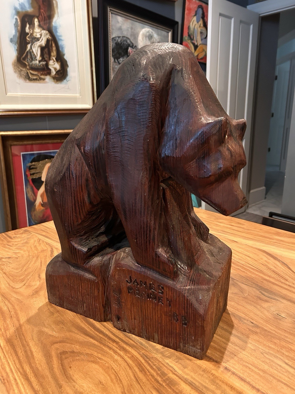 Hand Carved Wood Bear Vtg 1988 James Penney Signed Folk Art Sculpture 19” 26 Lb