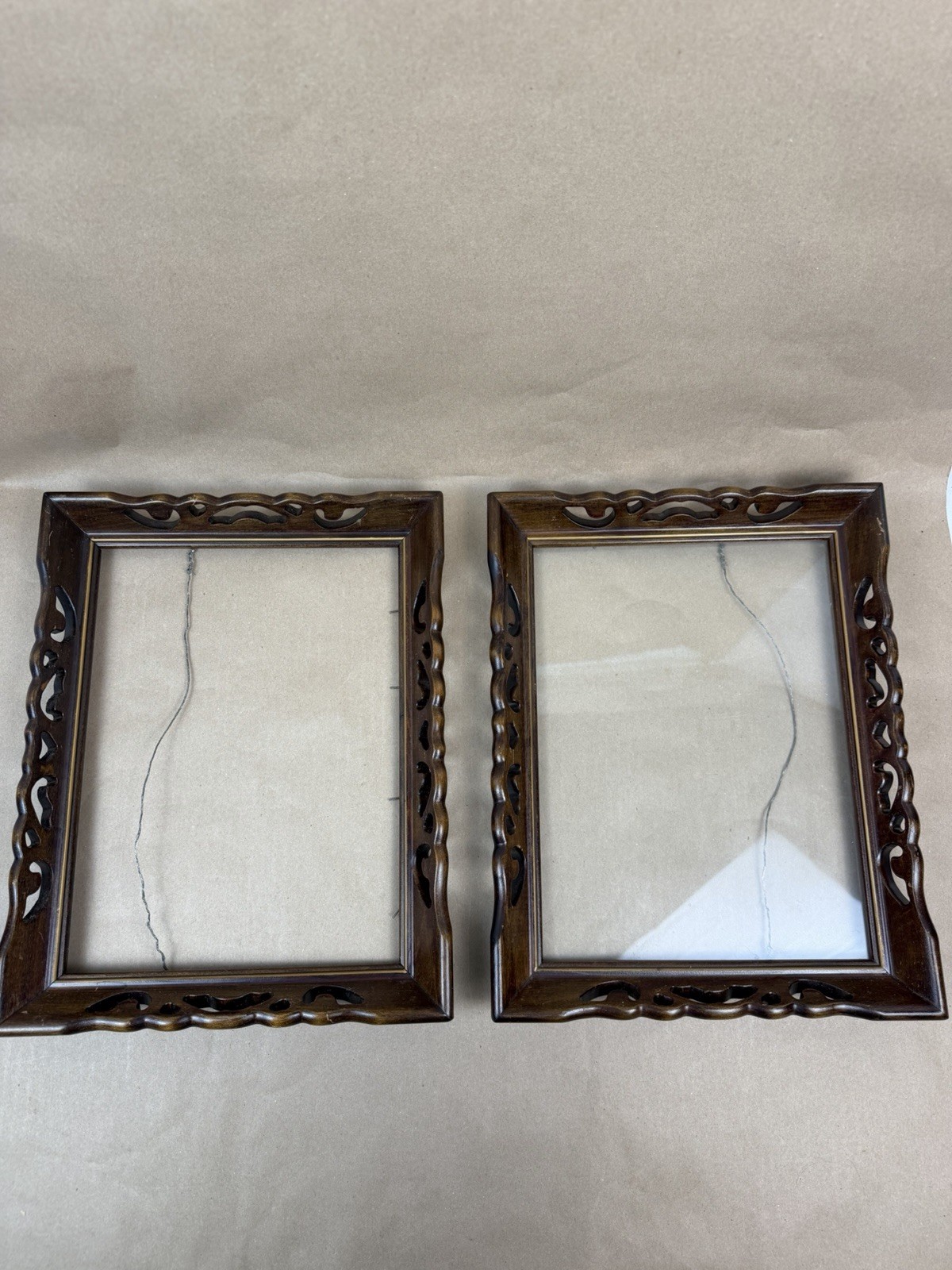 Pair Vintage Wood Frames MCM 14” x 11” Cut Out Scroll One Missing Glass