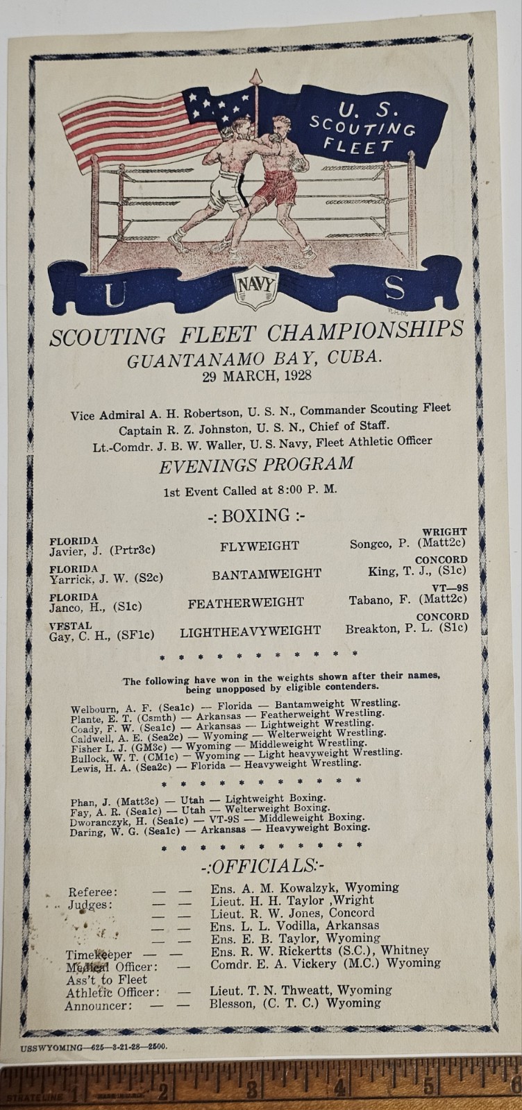 1928 US Scouting Fleet Boxing Program Guantanamo USS Wyoming Concord Vestal